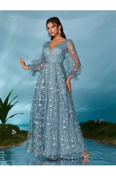 Leely Elegant V Neck Bishop Sleeve Party Dress