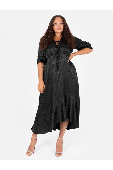 Lovedrobe Black Animal Jacquard Tie Neck High-Low Hem Dress