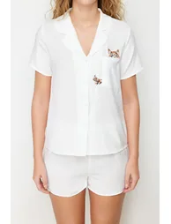 Ecru Animal Satin Woven Pajamas Set - 3