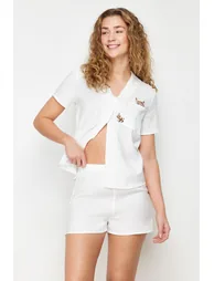Ecru Animal Satin Woven Pajamas Set - 2