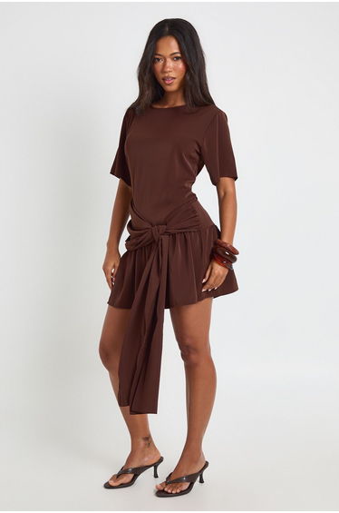 Tie Waist Drop Hem Woven Mini Dress - espresso