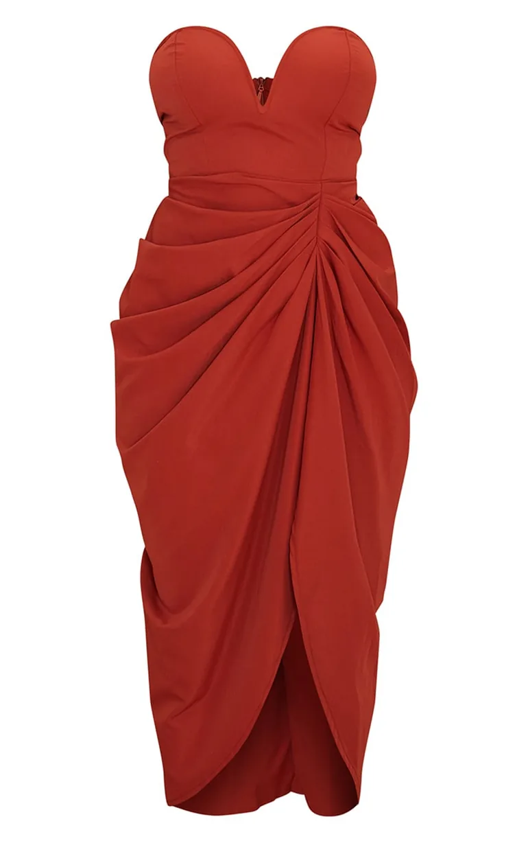Rust Woven Bandeau V Bar Gathered Hip Midi Dress - 4