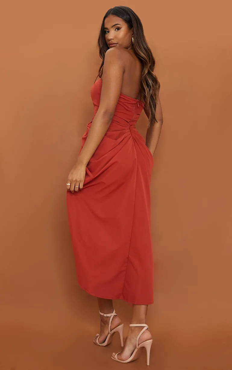 Rust Woven Bandeau V Bar Gathered Hip Midi Dress - 1