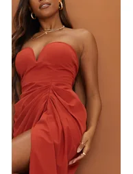 Rust Woven Bandeau V Bar Gathered Hip Midi Dress - 3