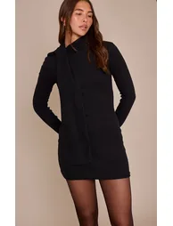 Black Brushed Rib Scarf Detail Long Sleeve Mini Dress