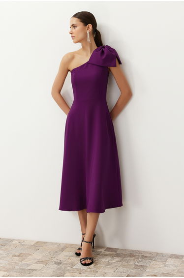 Damson Bow Detailed Woven Elegant Evening Dress