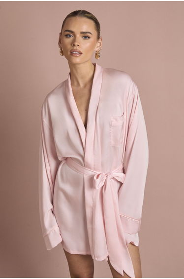 Bridal 'Bridesmaid' Satin Embroidered Short Robe - baby pink