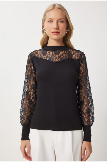 Women's Black Turtleneck Lace Knitted Blouse