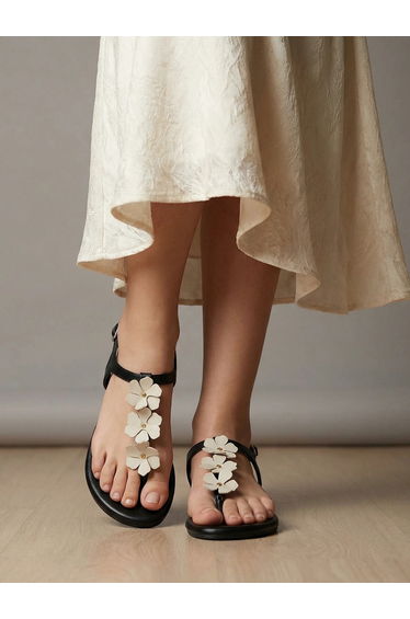 Black Floral Applique Flat Sandals