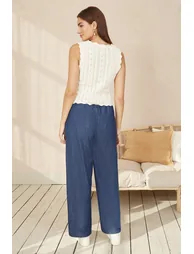 Yumi Blue Chambray Relaxed Fit Wide Leg Trousers - 2