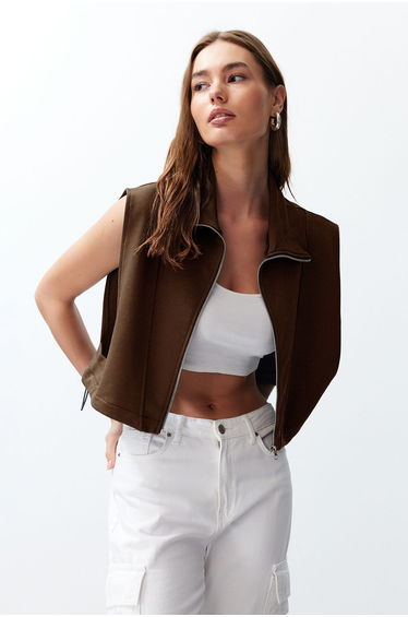 Brown Regular Fitted Zippered Stand Collar Moon Sleeve Thick Vest