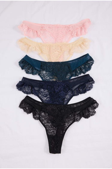Blue-Multicolor 5'Li Package Tulle Lace Detailed Thong Knitted Large Size Panties