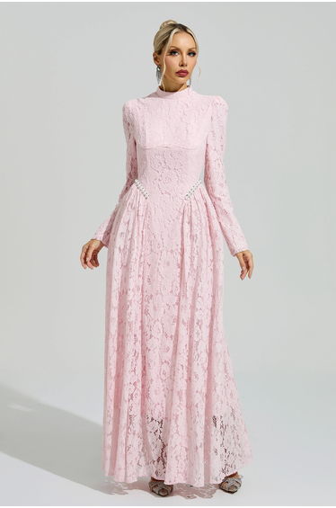 Frege Pink Lace Embroidered Maxi Dress