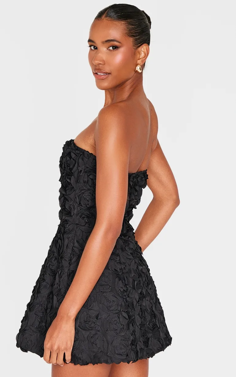 Black Floral Ruffle A-line Dress - 1