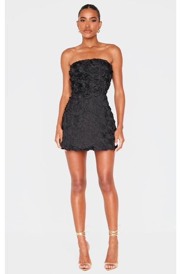 Black Floral Ruffle A-line Dress