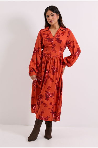 Petite Seam Detail Collared Blouson Sleeve Printed Midi Dress