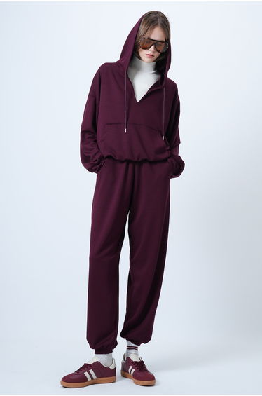 Women's Burgundy Hooded V-Neck Oversized Modal Sweatshirt and Pants Set