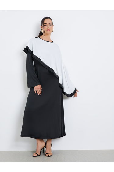 Women Black Contrast Color Shawl Midi Dress