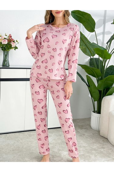Women Heart Print T-Shirt and Pyjama Set