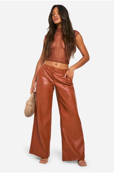 Low Rise Pu Wide Leg Trouser - dark tan