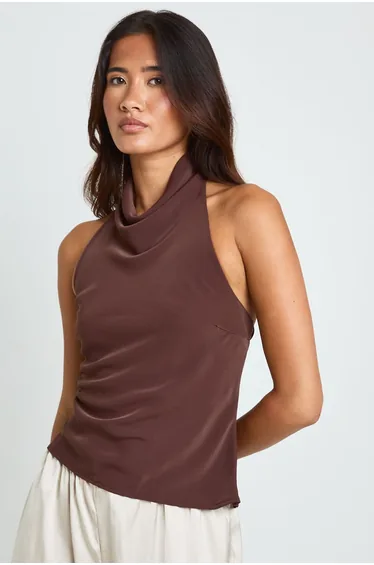 High Neck Loose Fitting Halter Top - chocolate