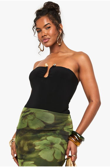 Double Layered Slinky Trim Detail Bandeau Bodysuit - black