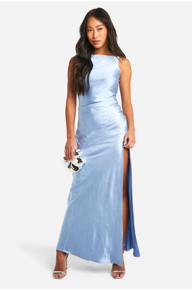 Bridesmaid Satin Slash Neck Maxi Dress - blue