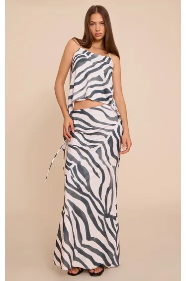 Zebra Print Floaty Woven Split Hem Spaghetti Strap Top