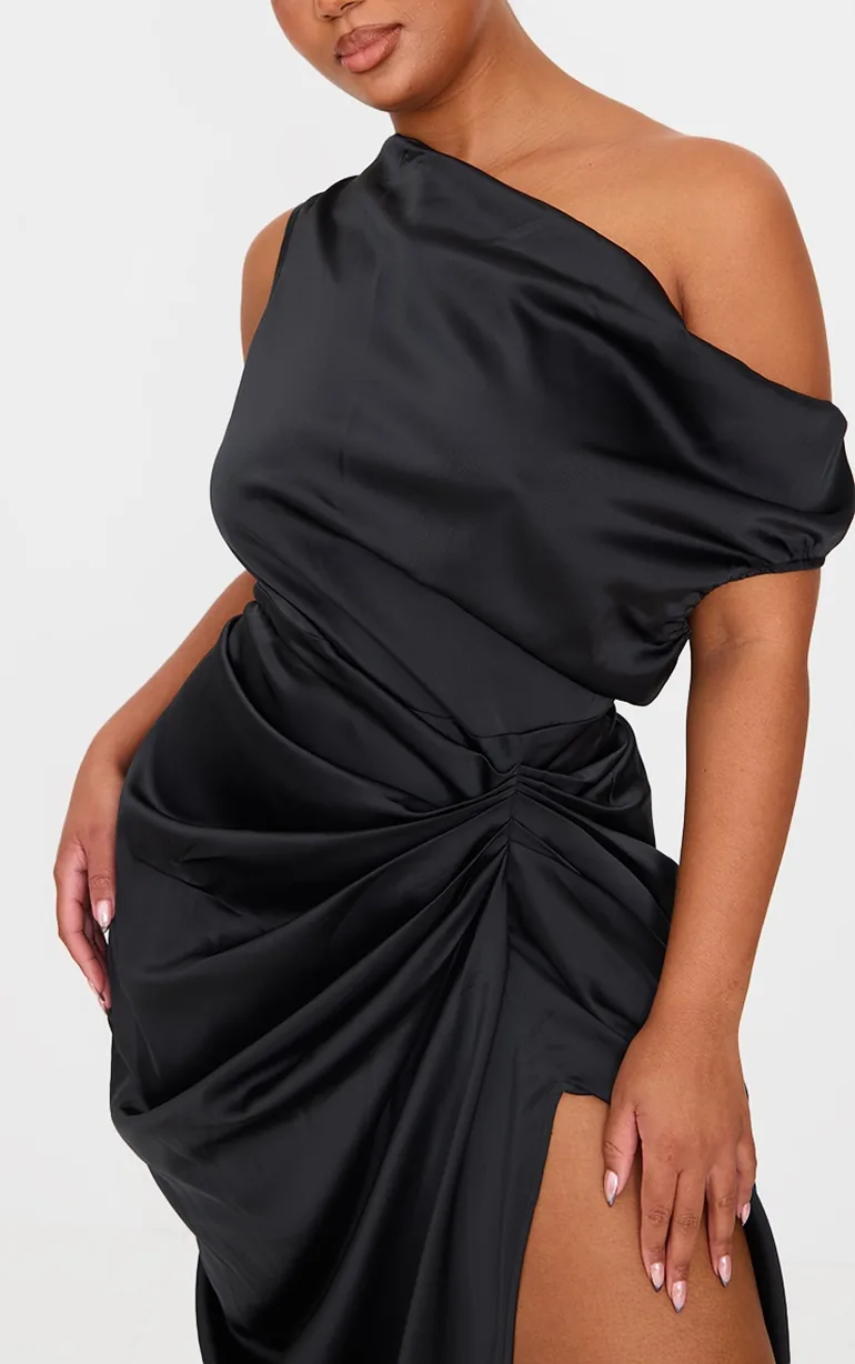 black satin off the shoulder draped skirt midi dress Amazon.com: Velius Women's Satin Tie Strap Knot Off The Shoulder Elegant Ruched Bodycon Long Dress(Black,Small) : Clothing, Shoes & Jewelry