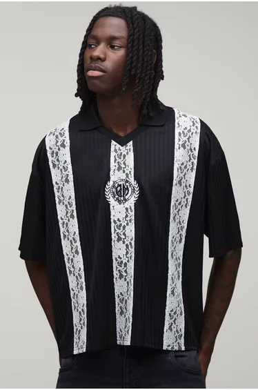 Oversized Boxy Stripe with Lace Panel Football Top - black