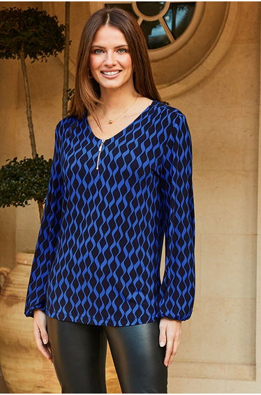 Blue Geometric Print Zip Neck Jersey Top