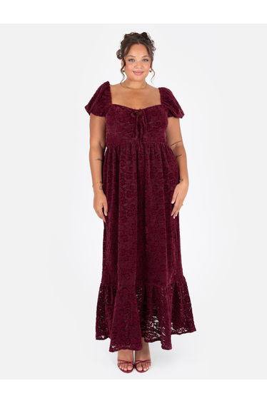 Lovedrobe Burgundy Floral Velvet Lace Square Neck Midaxi Dress