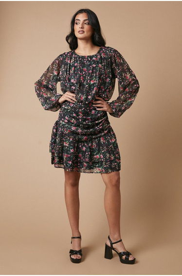 Floral Chiffon Gathered Ruched Mini Dress