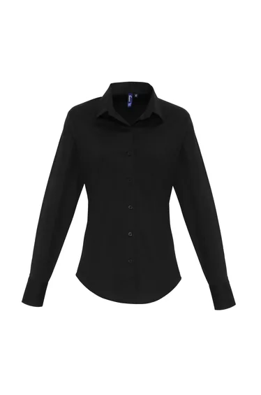Premier Womens/Ladies Stretch Fit Poplin Long Sleeve Blouse - Black