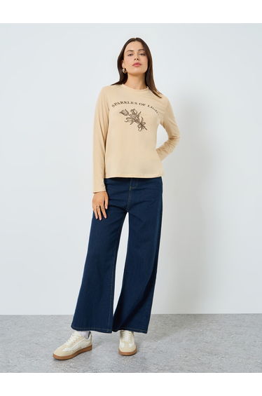 Beige Graphic Print Long Sleeve T-Shirt