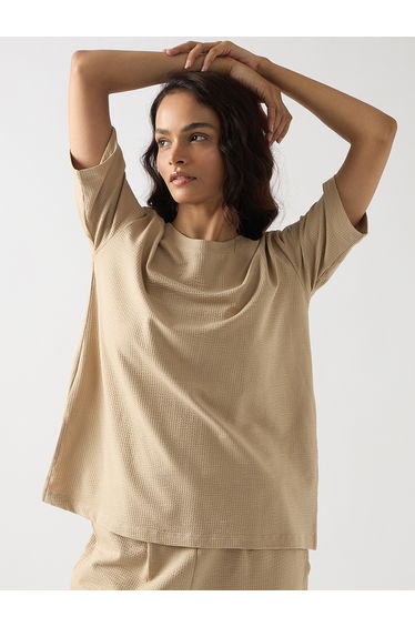 Beige Cotton Short Sleeve Knit T-Shirt