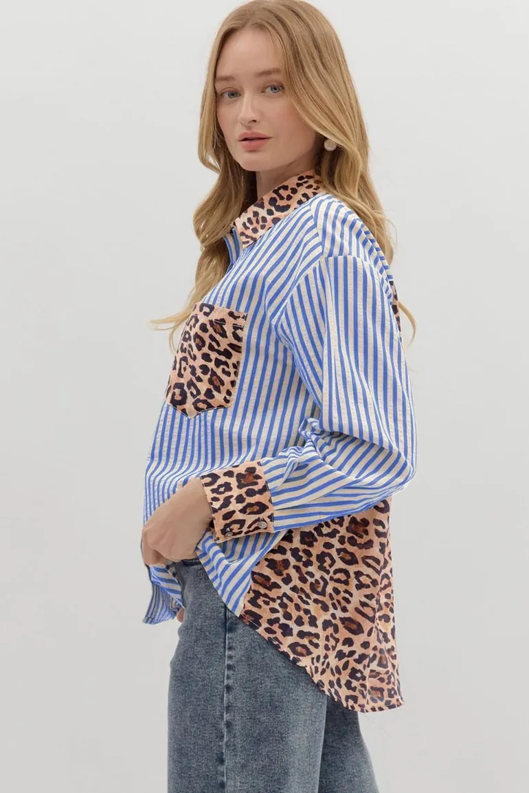 Lvness Sky Blue Striped Leopard Print Patchwork Button Up Womens Shirt - 1