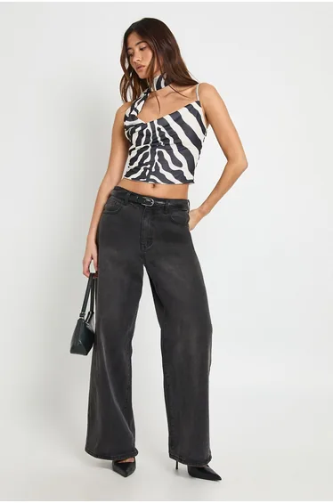 Zebra Print Mesh Strappy Scarf Cowl Neck Top - black_white
