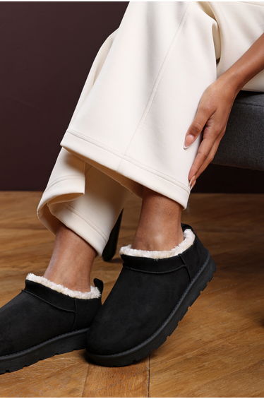 Frances Cosy Black Faux-Suede Fur Lined Micro Dipped Heel Boot