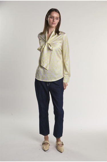 Yellow-Polka-Dot Front-Tie Long-Sleeve-Top