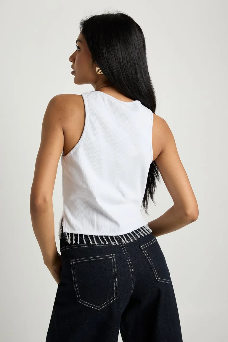 Sparkly Trim Hem Rib Vest - white - 2