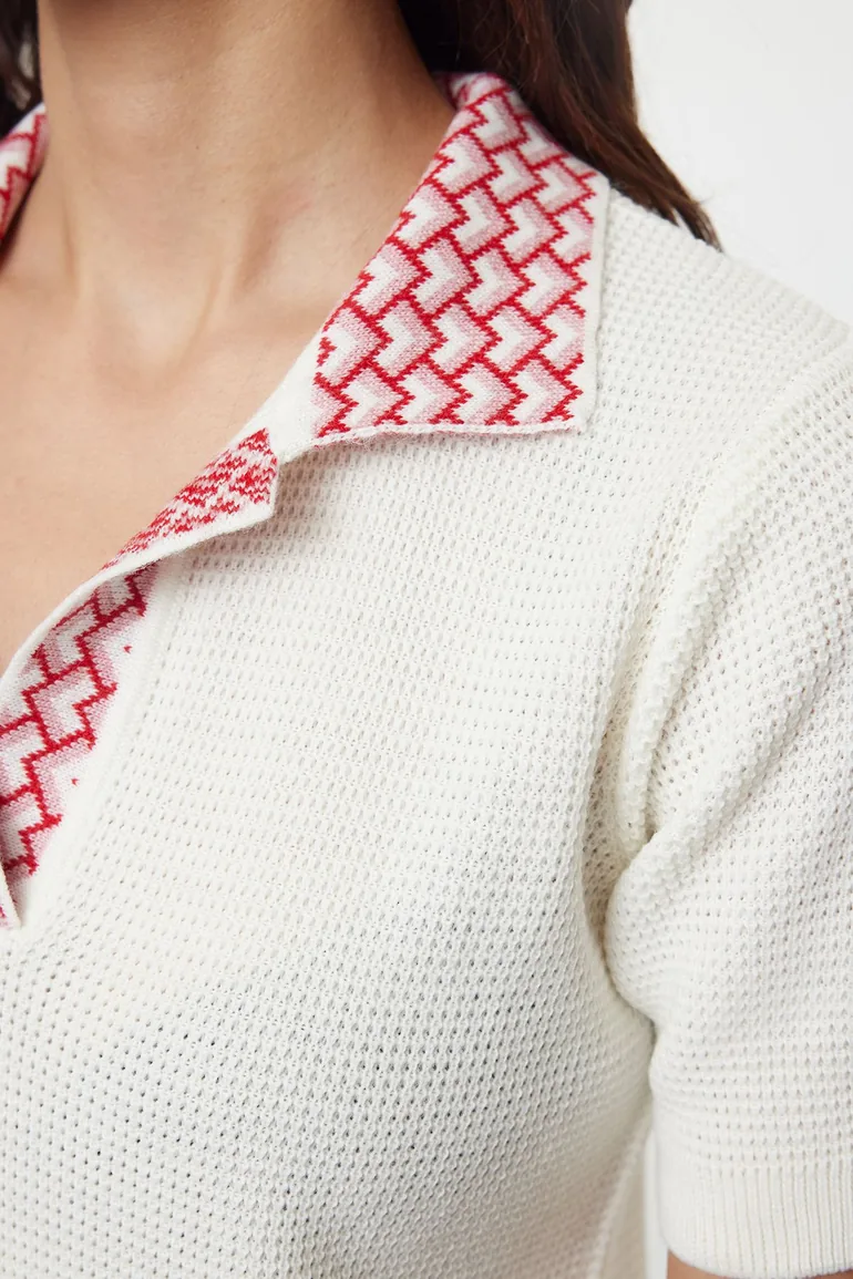 Ecru Collar Patterned Knitwear Blouse - 1