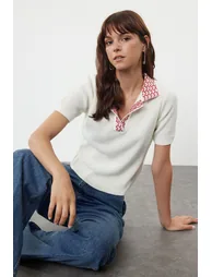 Ecru Collar Patterned Knitwear Blouse - 4