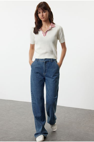 Ecru Collar Patterned Knitwear Blouse