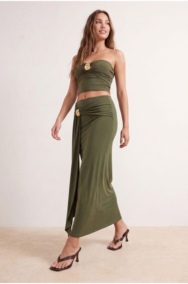 Limited Edition Khaki Accessory Detailed Strapless Knitting Stylish Blouse