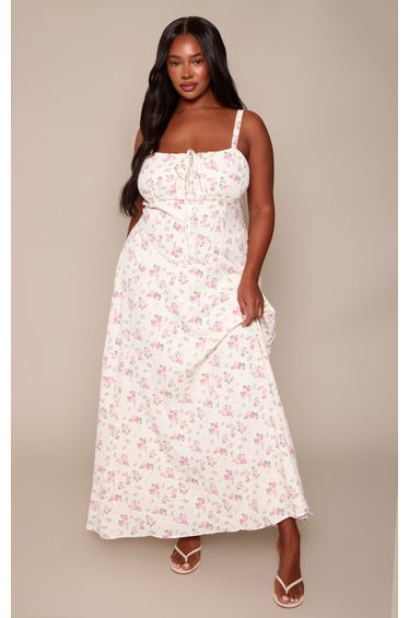 Plus White Floral Print Textured Bust Detail Maxi Dress
