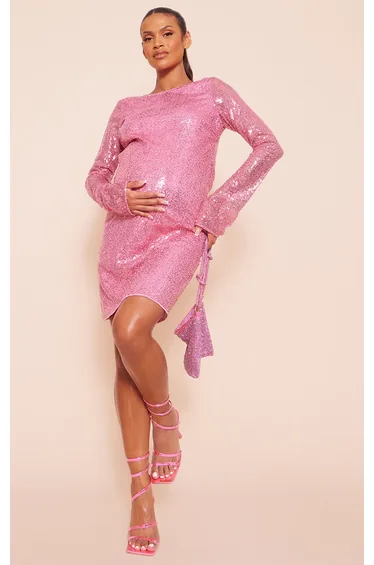 Maternity Pink Sequin Detail Open Back Mini Dress