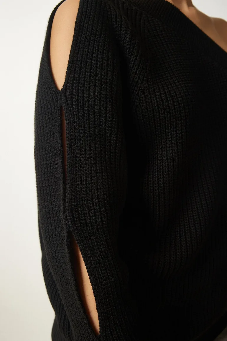 Women's Black Window Detailed Single Sleeve Knitwear Sweater - 4