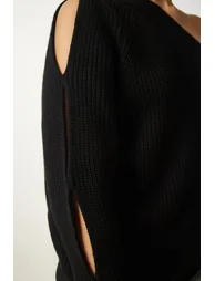 Women's Black Window Detailed Single Sleeve Knitwear Sweater - 4