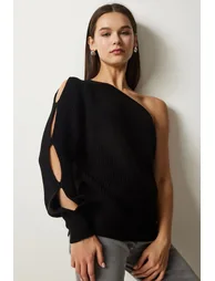 Women's Black Window Detailed Single Sleeve Knitwear Sweater - 1